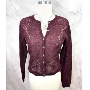 Calme Johnny Was y2k Burgundy Open Knit Cardigan Sweater Top S Wool Cottagecore